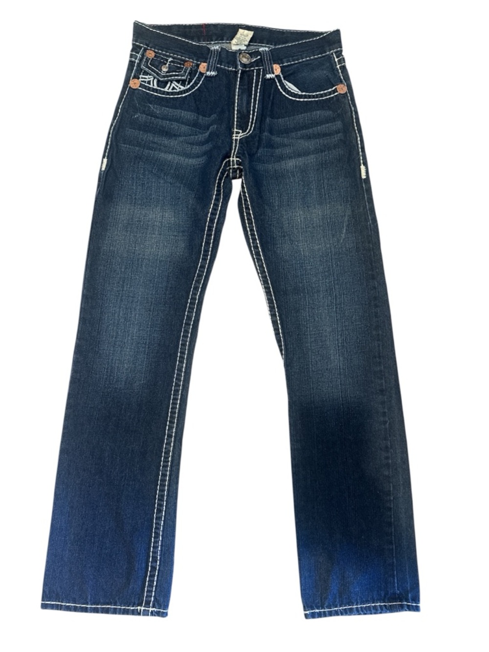 True Religion Dark Indigo Jeans with White Contrast Stitching Sz Row30 seat 32